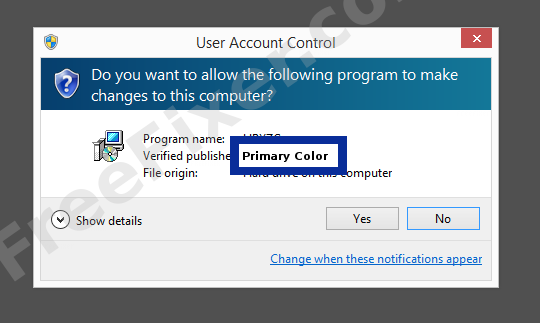 Screenshot where Primary Color appears as the verified publisher in the UAC dialog